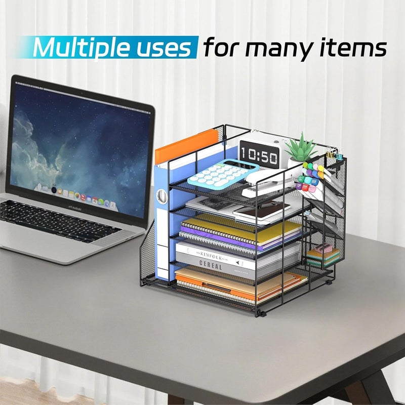 ReePlan 5-Tier Paper Organizer + File Holder + 4 Pen Holders, Desk Organizer Paper Letter Tray for Home, Office and School Supplies, Black - Image 2